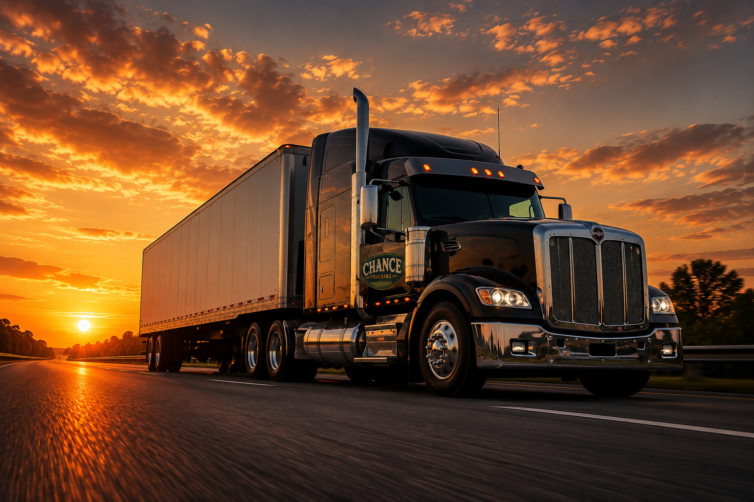 Chance Trucking Peterbilt tractor pulling a dry van at sunrise